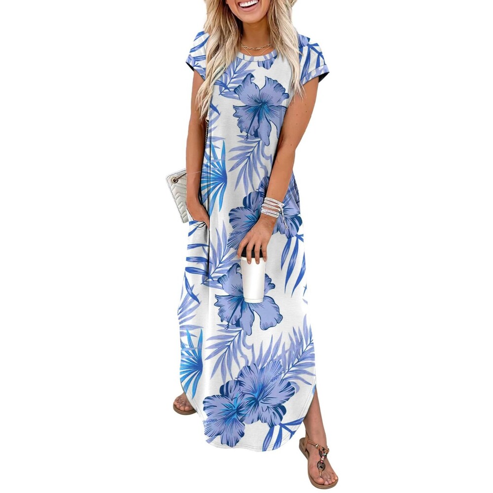 WIHOLL Summer Dresses for Women 2026 Maxi Long Casual Large, Floral Blue Leaf